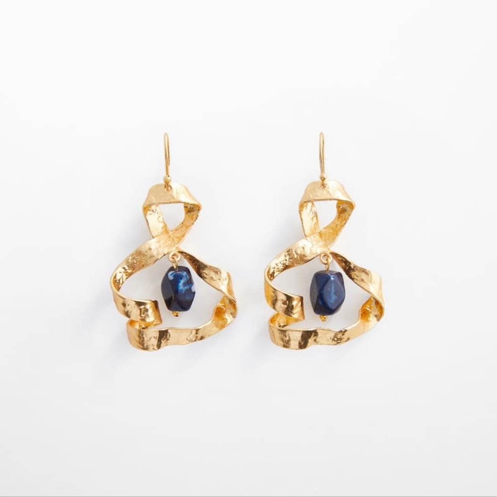 Mango Gold Twisted Ribbon Earrings with Navy Beads
